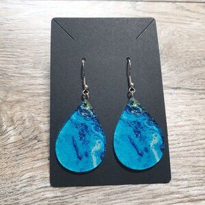 Teardrop Blue Earrings Blue Beach Marble Boho Design Fishhook Backs Costume Gift